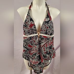 NWT Ralph Lauren Red White Black Paisley Swimsuit Padded V Neck Size M MSRP $97